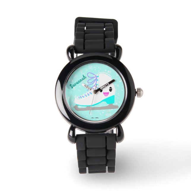 Personalise Name Girl's Blue Figure Skating Kawaii Watch (Front)