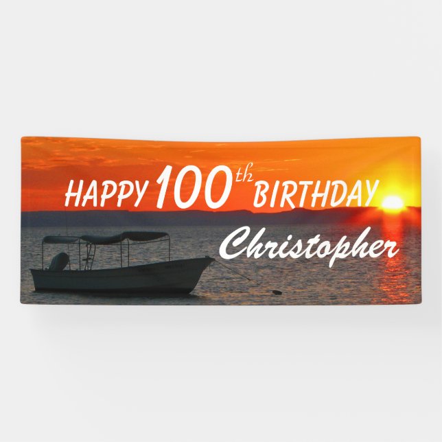 Personalise Name Happy 100th Birthday Fishing Boat Banner (Horizontal)