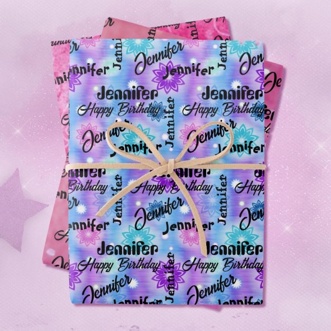 Personalise Name Happy Birthday Pink Lavender Blue Wrapping Paper Sheet (Creator Uploaded)