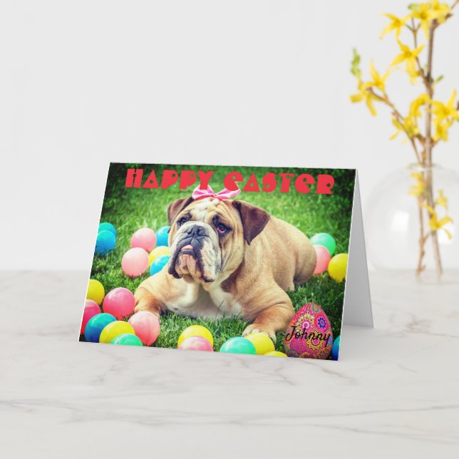 Personalise Name HAPPY EASTER Bulldog Funny Cute Card (Yellow Flower)