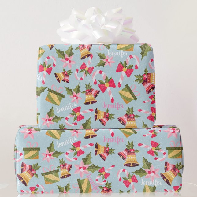 Personalise Name in Pink White Cute Christmas Gift Wrapping Paper (Creator Uploaded)