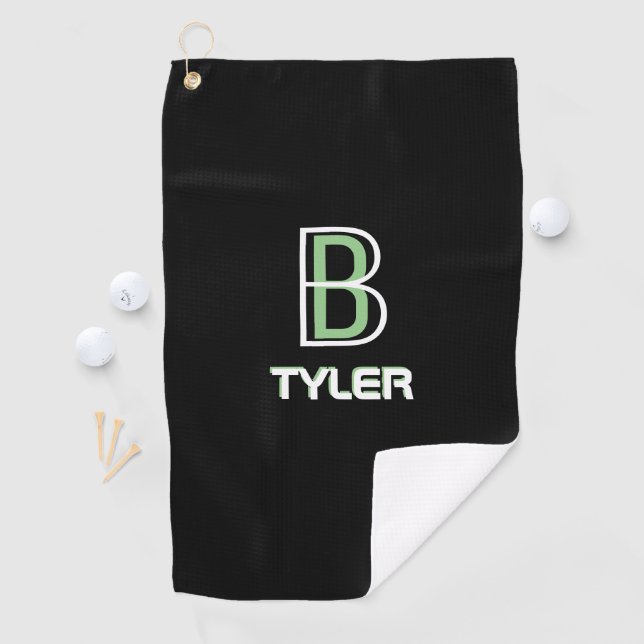 Personalise Name & Initial White & Sage, Black Golf Towel (InSitu)