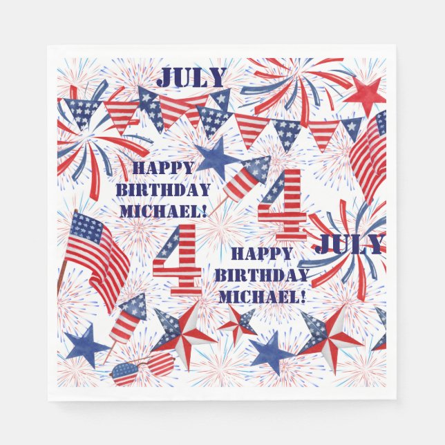 Personalise Name July Birthday Red White Blue Flag Napkin (Front)