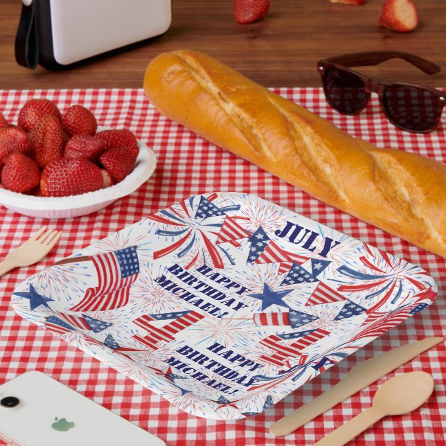 Personalise Name July Birthday Red White Blue Flag Paper Plate (Picnic)