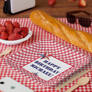 Personalise Name July Birthday Red White Blue Set Paper Plate