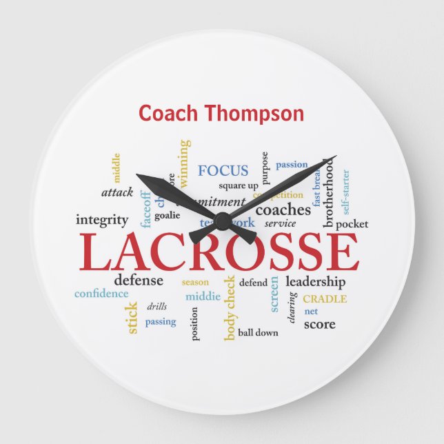 Personalise Name Lacrosse Coach Thanks Words Large Clock (Front)