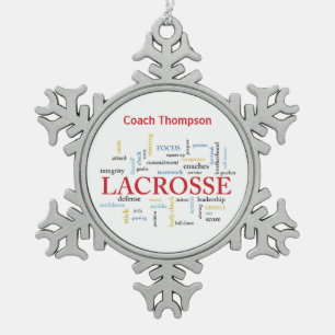 Personalise Name Lacrosse Coach Thanks Words Snowflake Pewter Christmas Ornament