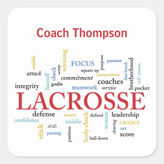 Personalise Name Lacrosse Coach Thanks Words Square Sticker (Front)