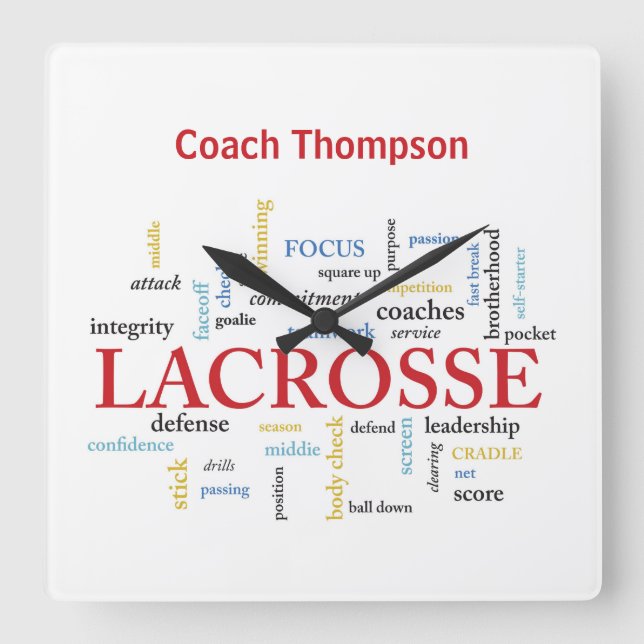 Personalise Name Lacrosse Coach Thanks Words Square Wall Clock (Front)