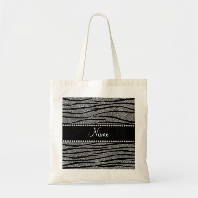 Personalise name light grey glitter zebra stripes tote bag (Front)