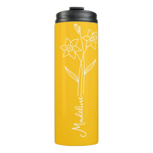 Personalise Name, March Birth Flower Yellow Thermal Tumbler