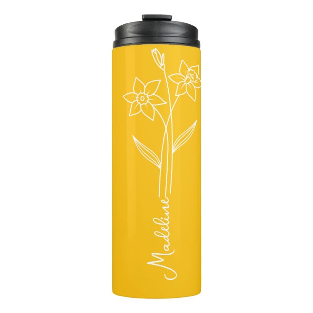 Personalise Name, March Birth Flower Yellow Thermal Tumbler (Front)