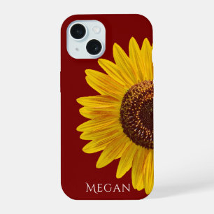 Personalise Name Maroon Red Yellow Sunflower iPhone 15 Case