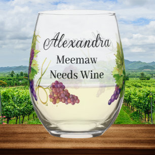 Personalise Name Meema Needs Wine Grapes Stemless Wine Glass