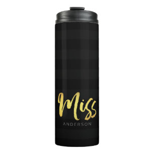 Personalise Name Miss Faux Gold and Black Stripes Thermal Tumbler