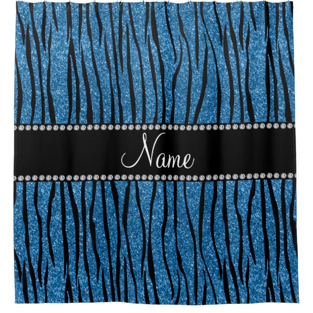 Personalise name misty blue glitter zebra stripes shower curtain (Front)