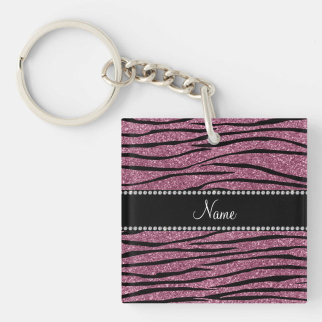 Personalise name misty pink glitter zebra stripes key ring (Front)