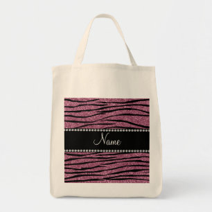 Personalise name misty pink glitter zebra stripes tote bag