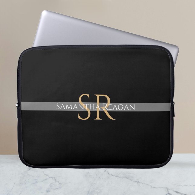 Personalise Name & Monogram Gold/White Grey Stripe Laptop Sleeve (Creator Uploaded)