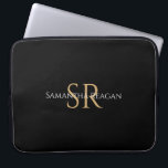 Personalise Name & Monogram in Gold & White Text Laptop Sleeve<br><div class="desc">Personalise your name,  initials or message in gold and white text on black background.</div>