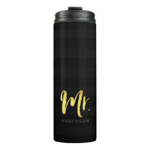 Personalise Name Mr Faux Gold and Black Stripes Thermal Tumbler