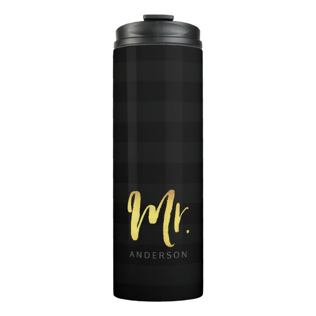 Personalise Name Mr Faux Gold and Black Stripes Thermal Tumbler (Front)