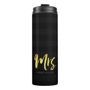Personalise Name Mrs Faux Gold and Black Stripes Thermal Tumbler