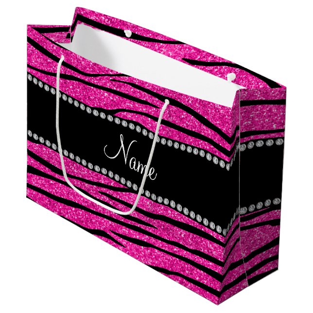 Personalise name neon hot pink glitter zebra large gift bag (Front Angled)