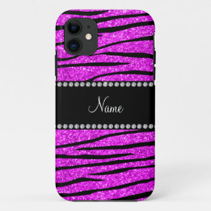 Personalise name neon pink glitter zebra stripes iPhone 11 case