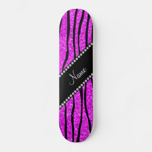 Personalise name neon pink glitter zebra stripes skateboard
