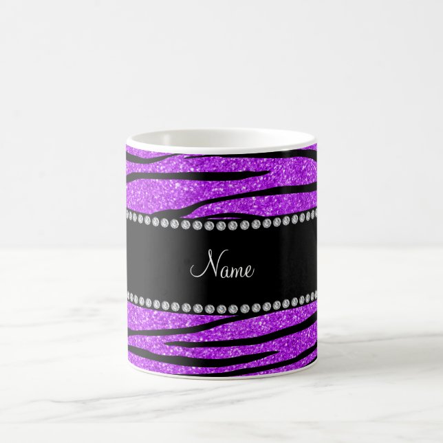 Personalise name neon purple glitter zebra stripes coffee mug (Center)