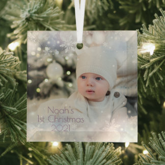 Personalise Name & Photo Baby's First Christmas  2 Glass Tree Decoration