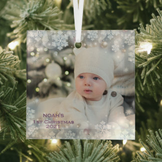 Personalise Name & Photo Baby's First Christmas  3 Glass Tree Decoration