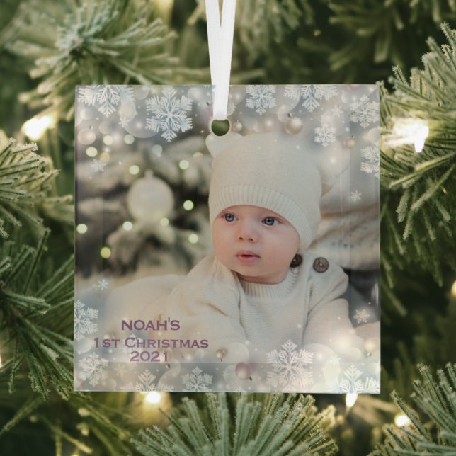 Personalise Name & Photo Baby's First Christmas  3 Glass Tree Decoration (Insitu)