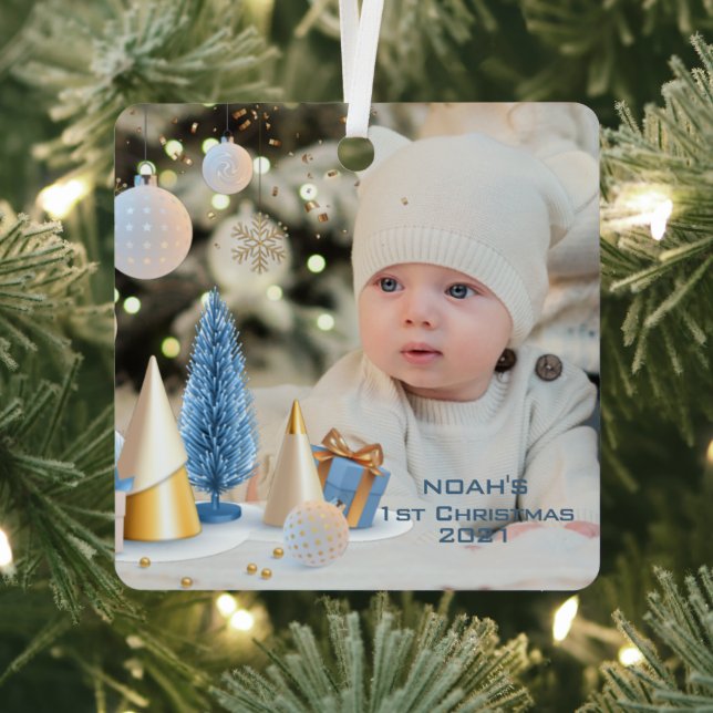 Personalise Name & Photo Baby's First Christmas  5 Metal Tree Decoration (Insitu)