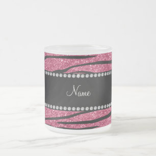 Personalise name pink glitter zebra stripes frosted glass coffee mug