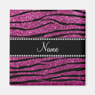 Personalise name pink glitter zebra stripes magnet