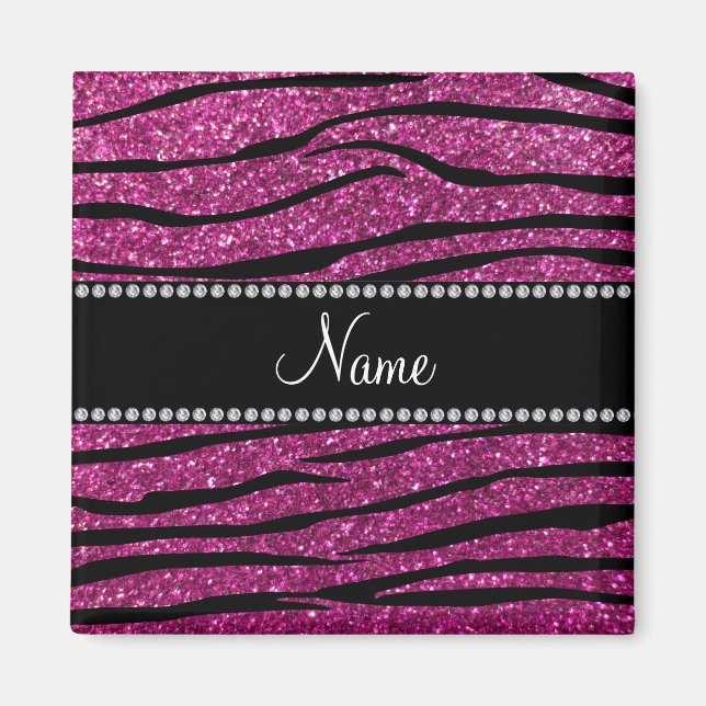 Personalise name pink glitter zebra stripes magnet (Front)