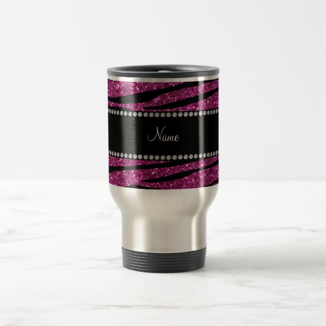 Personalise name pink glitter zebra stripes travel mug (Center)