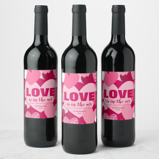 Personalise Name Pink White Hearts Valentine's Day Wine Label (Bottles)