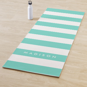 Personalise Name Preppy Turquoise & White Stripes Yoga Mat