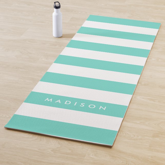 Personalise Name Preppy Turquoise & White Stripes Yoga Mat (In Situ)