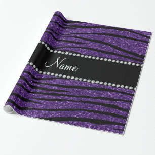 Personalise name purple glitter zebra stripes wrapping paper