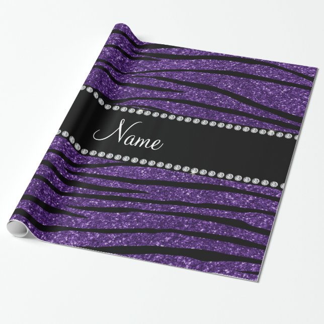 Personalise name purple glitter zebra stripes wrapping paper (Unrolled)