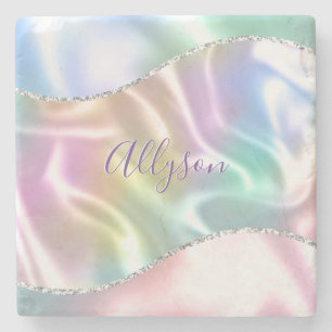 Personalise Name Purple Script, Iridescent Wave Stone Coaster