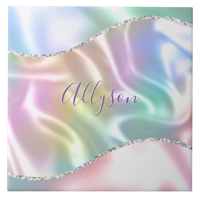 Personalise Name Purple Script, Iridescent Wave Tile (Front)