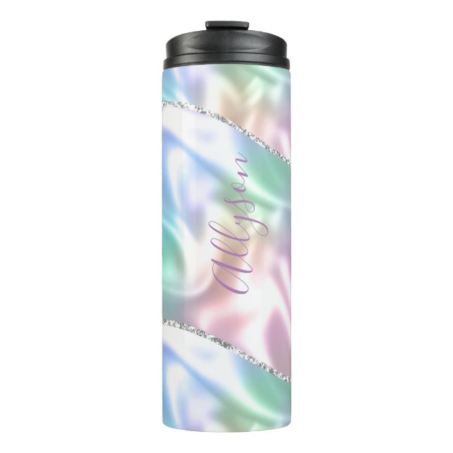 Personalise Name Purple Script Vertical Iridescent Thermal Tumbler (Front)