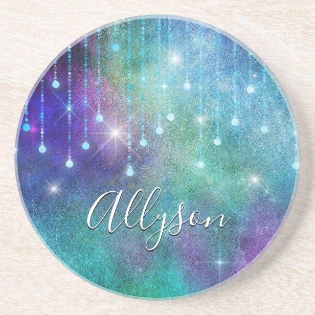 Personalise Name, Purple & Teal, Lights & Sparkle Coaster (Front)