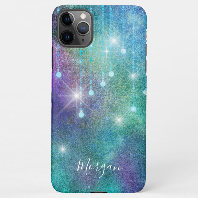 Personalise Name, Purple & Teal, Lights & Sparkle iPhone Case (Back)