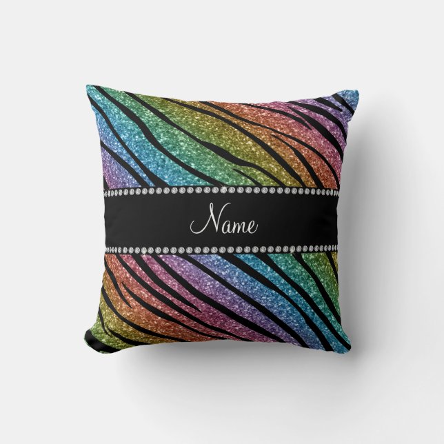 Personalise name rainbow glitter zebra stripes cushion (Front)